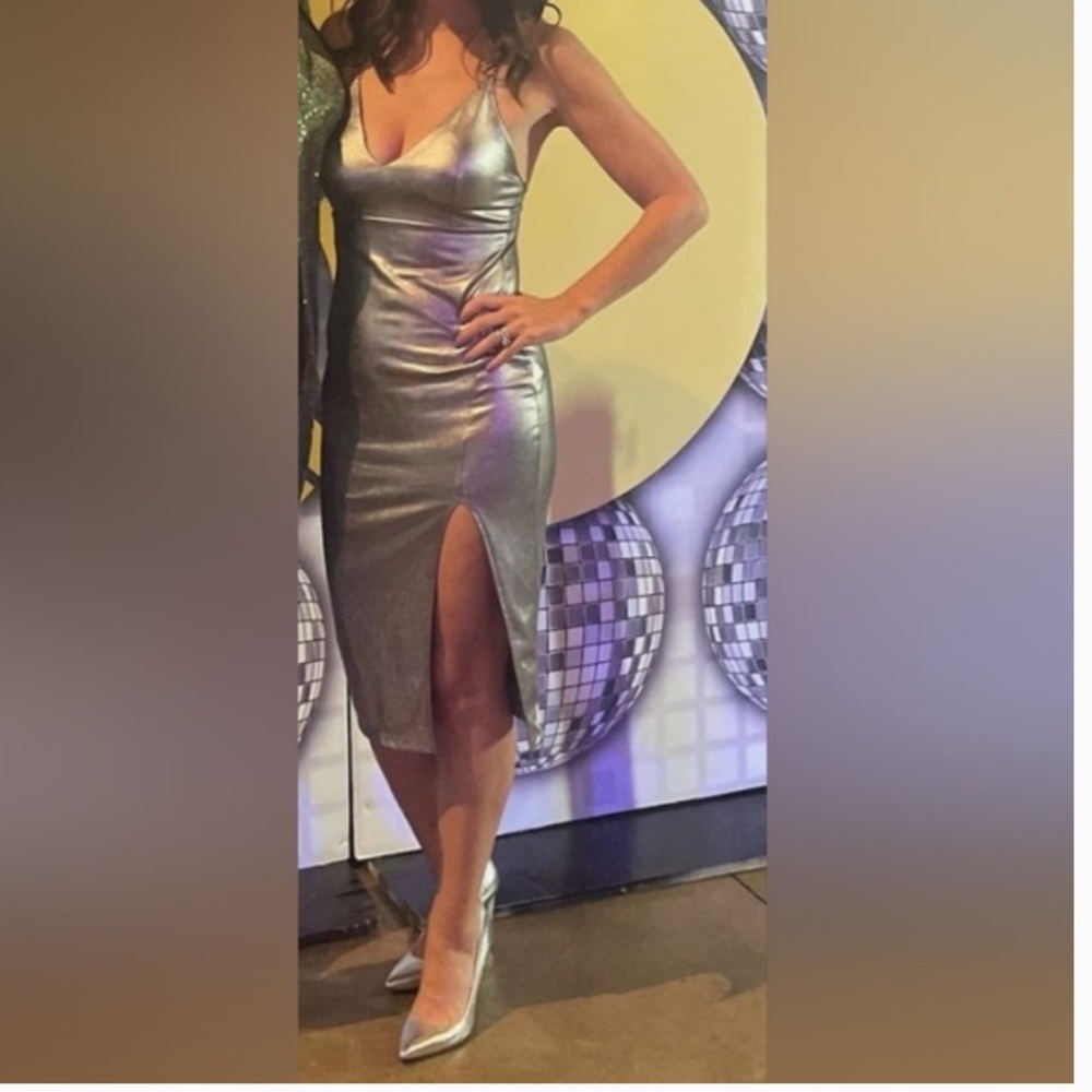 Akira Chicago Red Label Metallic Silver Midi dress